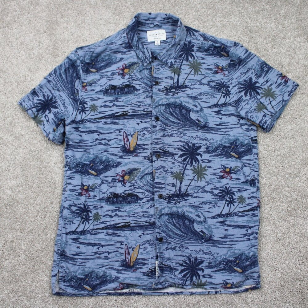 Lucky Brand‎ AOP Camp Shirt Mens Small Blue Linen/Viscose Blend S/S Loop Collar